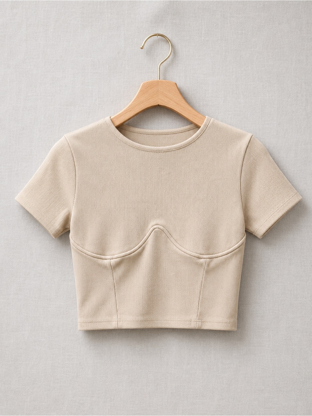 Oh Polly Beige Short Sleeve Structured Crop Top